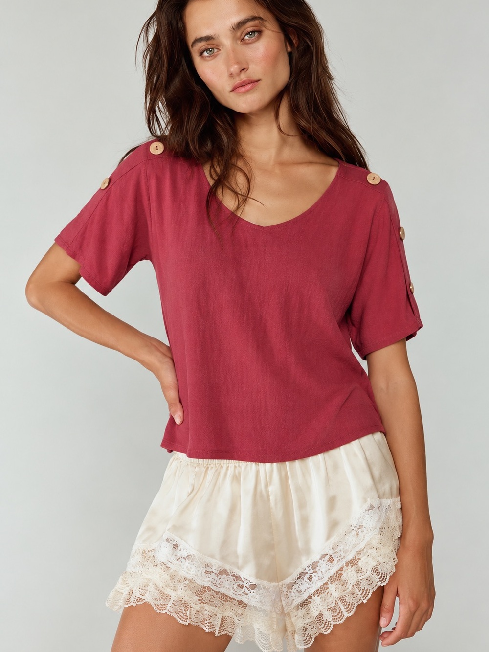 319. Women's Button-Shoulder V-Neck Top - Berry